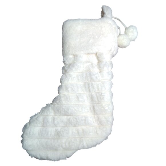 Merry Brite 21 Inch Plush White Christmas Stocking With Pom Pom Accents - Picture 2 of 2